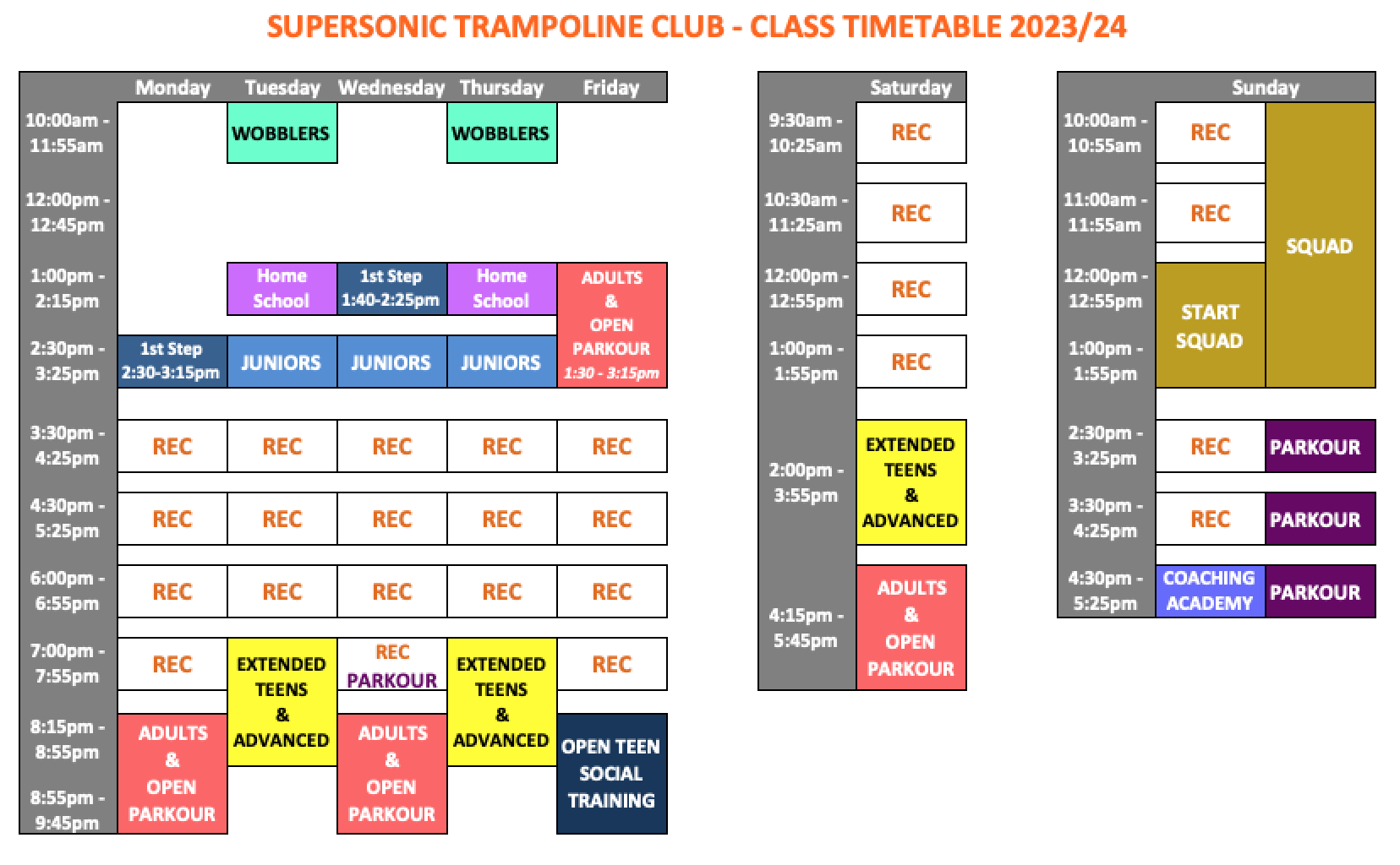 Current SuperSonic Class Timetable